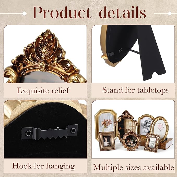 Wonderjune 7 Pcs Vintage Picture Frames Set with Glass Front Antique Gold Gallery Wall Frames 7x9 6x8 5x7 4x6 2x3, Baroque for Home Decor Photography Props Gifts, Wall or Tabletop (Classical)