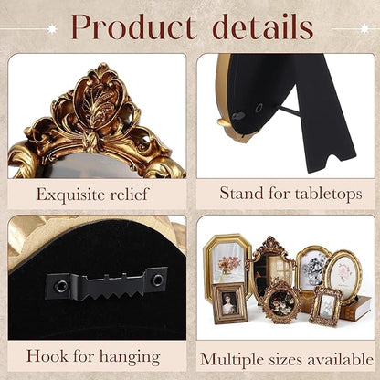 Wonderjune 7 Pcs Vintage Picture Frames Set with Glass Front Antique Gold Gallery Wall Frames 7x9 6x8 5x7 4x6 2x3, Baroque for Home Decor Photography Props Gifts, Wall or Tabletop (Classical)
