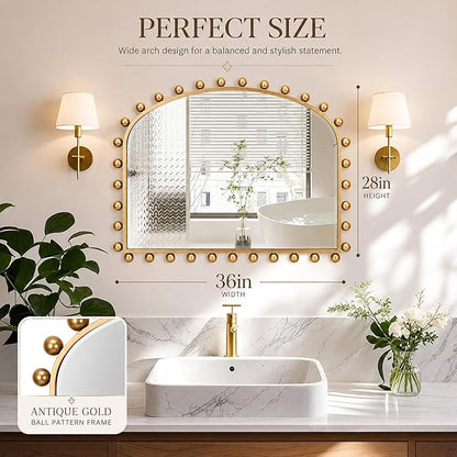 36"x28" Wide Arched Wall Mirror, Antique Gold Ball Frame with Beveled Glass, Large Horizontal Mantel Piece Over Fireplace or Above Sofa, Statement Metal Frame for Living Room