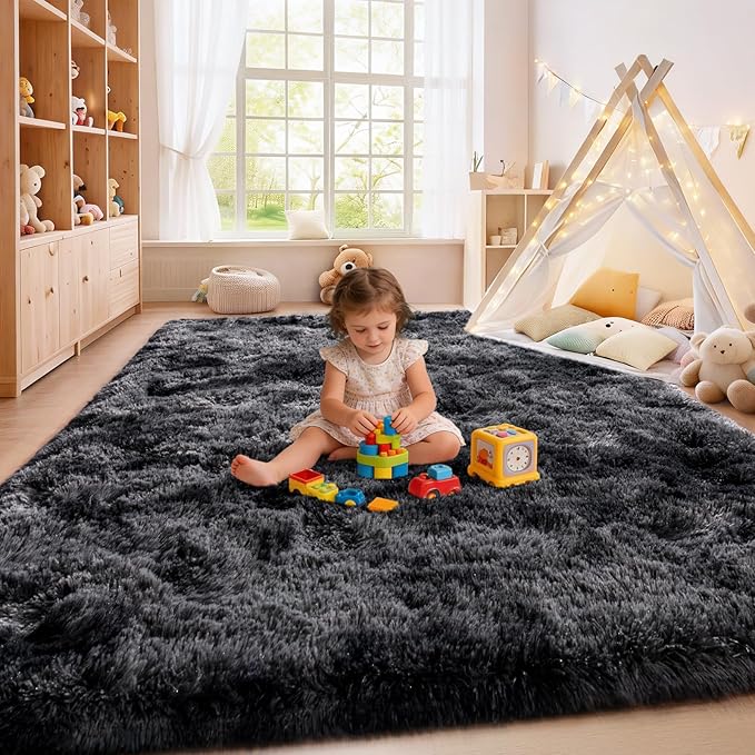 Tie-Dyed Black Grey Shaggy Rugs Fluffy Carpets, Indoor Modern Plush Area Rugs for Living Room, Upgrade Anti-Skid Area Rug, 10x14 Feet Fuzzy Rug for Nursery Home Decor