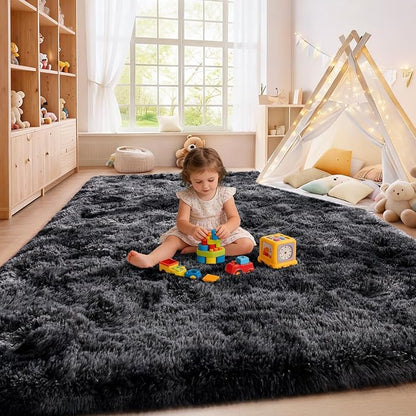 Fluffy Carpet for Living Room, Furry Carpet for Teen, Shaggy Rug for Nursery Room, Black Grey Fuzzy Plush Rug for Dorm 6x9 Feet