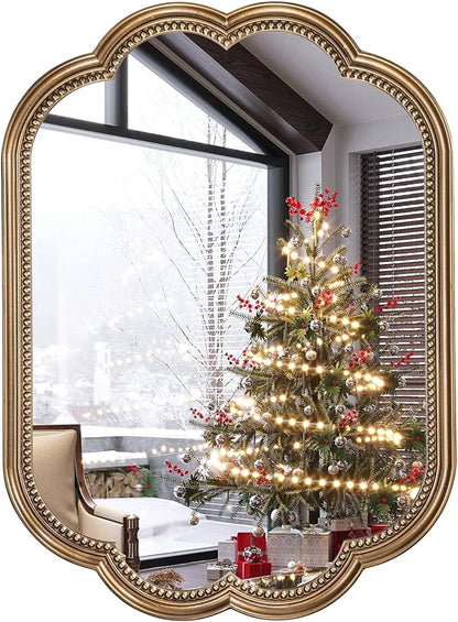 Scalloped Mirror for Bathroom, 23" x 42" Antique Wide Brass Mirror, Vintage Gold Mirrors with Beaded for Over Sink, Bedroom, Living Room, Fireplace, Entryway, Hangs Horizontally or Vertically
