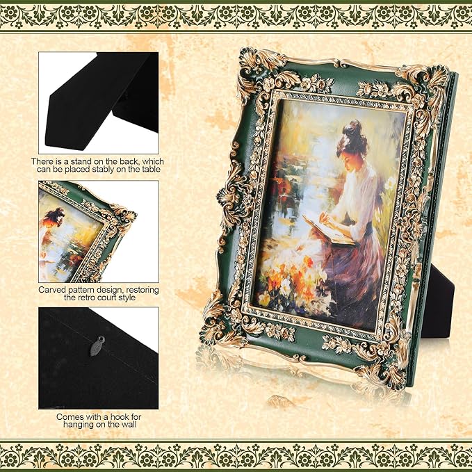 Geetery 4 Pcs Vintage Picture Frames Set, Green Ornate Baroque Frames for Gallery Wall, Antique Victorian Decorative Photo Frame for Tabletop or Wall Display, Shabby Cottagecore Home Decor