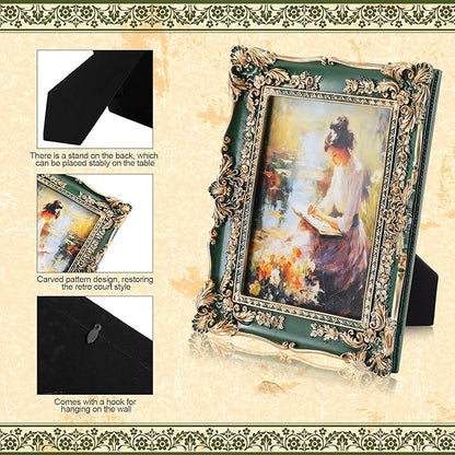 Geetery 4 Pcs Vintage Picture Frames Set, Green Ornate Baroque Frames for Gallery Wall, Antique Victorian Decorative Photo Frame for Tabletop or Wall Display, Shabby Cottagecore Home Decor