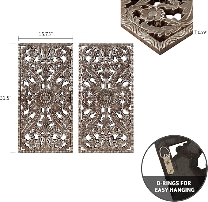 Madison Park Wall Art Living Room Décor - Floral Antiqued Wooden Carving Wall Decor Panel, Silver Embellished, Ready to Hang Wall Decor for Bedroom, 15.75"W x 31.5"L x 0.59"D, Bronze, 2 Piece
