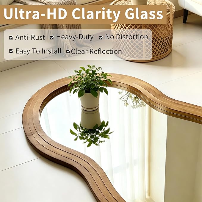 Wavy Full Length Mirror, 71"x33.5" Oversized Aesthetic Floor Mirrors with Triple Layer Solid Wood Frame, Premium Organic Full Body Mirror for Living Room Entryway Cloakroom, Leaning/Hanging
