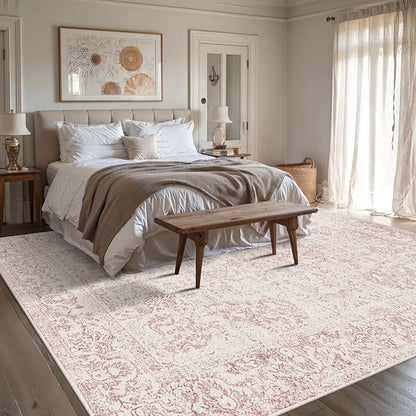 Rugxara 8x10 Pink Area Rug for Living Room & Bedroom, Large Washable Rugs for Nursery,Girls Room,Non Slip, Durable Low Pile Carpet, Vintage Carpets for Office, Dining Room, Kids Room and Farmhouse