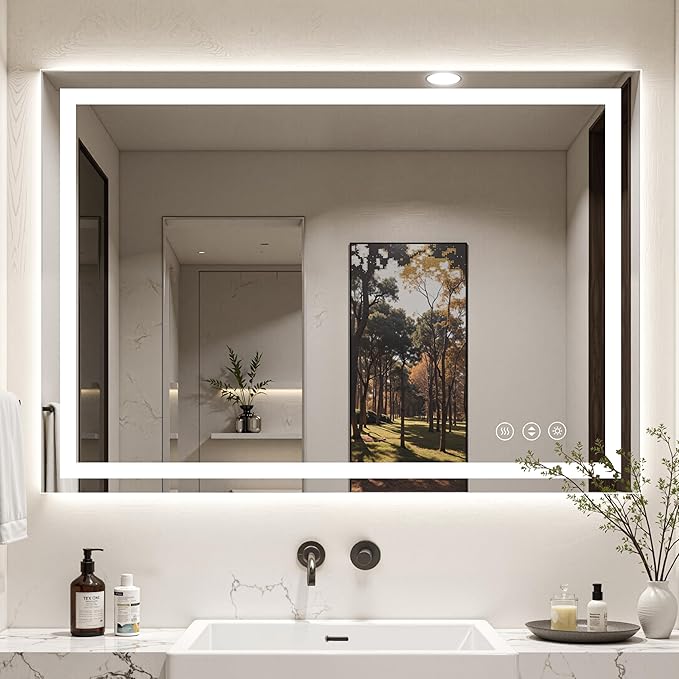48X40 LED Bathroom Mirror with Lights, Anti-Fog, Backlit + Front Lit (CRI>90), Lighted Bathroom Vanity Mirror for Wall, Memory Function, Dimmable, Tempered Glass, Shatter-Proof