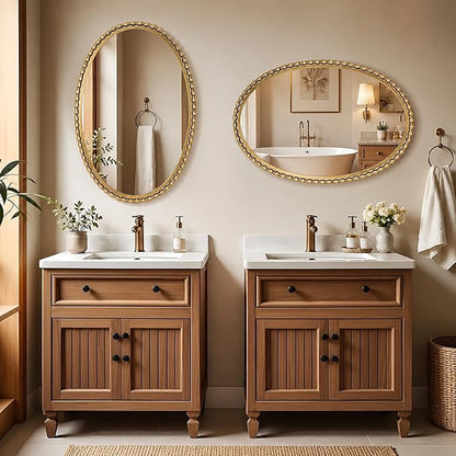 24x36 Inch Oval Wall Mirror with Antique Gold Beaded Frame, Vertical or Horizontal Hanging Vanity Mirror for Bathroom, Powder Room or Bedroom, Decorative Oval Mirror Wall Decor