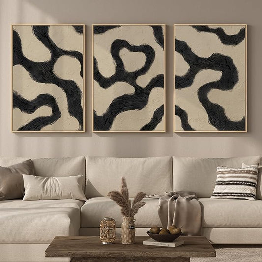 Framed Neutral Abstract Wall Art for Living Room, 3 Piece Black and Beige Mid Century Modern Painting Print, Large Line Canvas Artwork for Dining Room Bedroom Hallway Office Walls Decor, 24x36 Inch