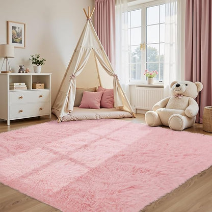 Fluffy Pink Area Rug for Bedroom Living Room Soft 8x10 Fuzzy Washable Rugs Non-Shedding Indoor Plush Rug for Nursery Kids Room Dorm Room Home Decor, High Pile Shaggy Floor Carpets(Dark Pink 8'x10')