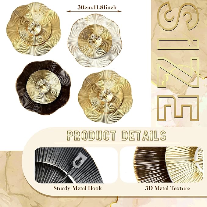 Shimeyao 4 Pcs 12 Inch Gold Wall Decor Metal Flower Plate Art Hanging Wall Decorations Modern Metai Decorations for Home Living Room Office Bedroom Bathroom Floral Sculpture