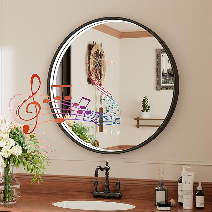 20 Inch Dual Bluetooth LED Bathroom Mirror, Black Framed Round Vanity Mirror with Lights, Dimmable, 3000K/4500K/6000K, Anti-Fog, Memory, CRI 90+
