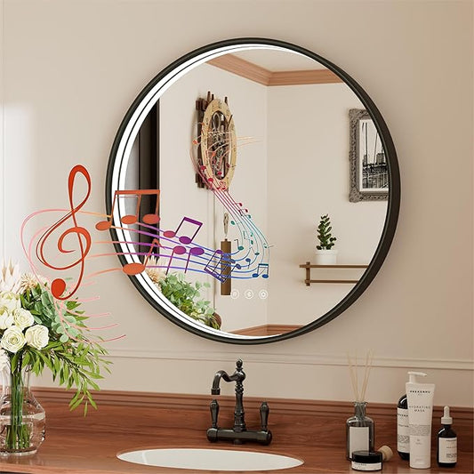 20 Inch Dual Bluetooth LED Bathroom Mirror, Black Framed Round Vanity Mirror with Lights, Dimmable, 3000K/4500K/6000K, Anti-Fog, Memory, CRI 90+