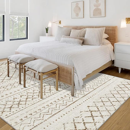 Area Rug for Living Room 6x9: Large Washable Boho Moroccan Rugs Geometric Neutral Rug, Non-Slip Foldable Morden Farmhouse Indoor Floor Carpet for Bedroom Dining Table Home(Brown,6X9)