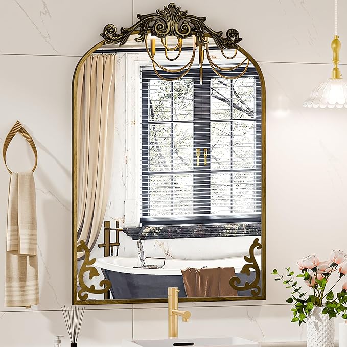 Koonmi Vintage Mirror, 30x40 Antique Decorative Mirrors with Flower Head, Bronze Ornate Mirror for Wall, Tempered Glass, Baroque Mirrors for Bathroom Living Room Fireplace Entryway