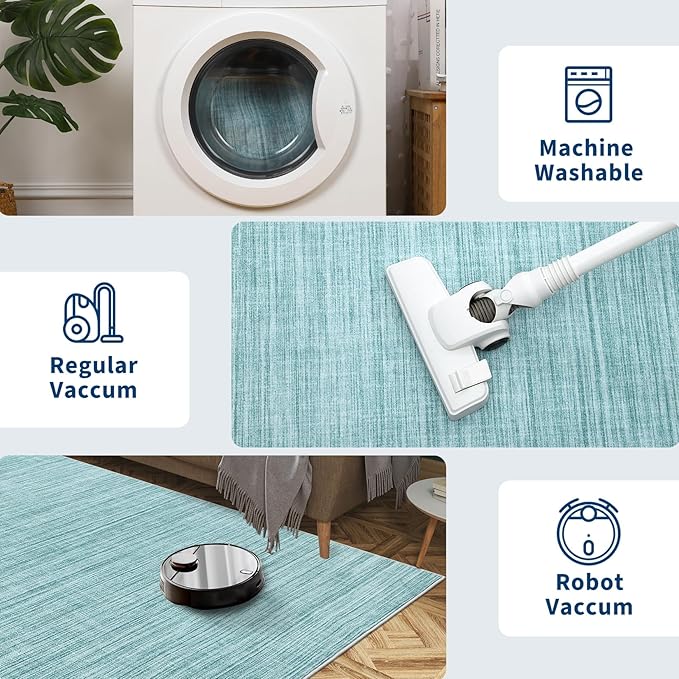 5x7 Washable Rugs Non Slip Minimalist Area Rug for Bedroom Soft Low Pile Solid Color Large Bedroom Throw Carpet Stain Resistant Classic Neutral Area Rug Plain Boho Rugs for Kitchen Nursery, Blue