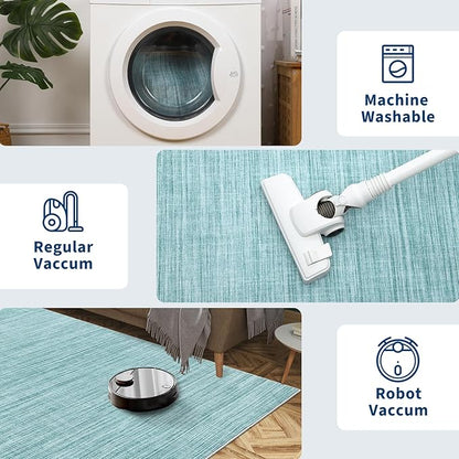 5x7 Washable Rugs Non Slip Minimalist Area Rug for Bedroom Soft Low Pile Solid Color Large Bedroom Throw Carpet Stain Resistant Classic Neutral Area Rug Plain Boho Rugs for Kitchen Nursery, Blue