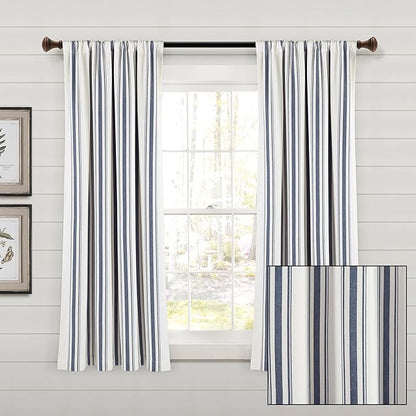 Lush Decor Farmhouse Stripe Yarn Dyed Eco-Friendly Recycled Cotton Window Curtain Panel Pair, 42" W x 63" L, Navy - Classic Modern Rustic Charm - Eco Friendly Cotton Fabric