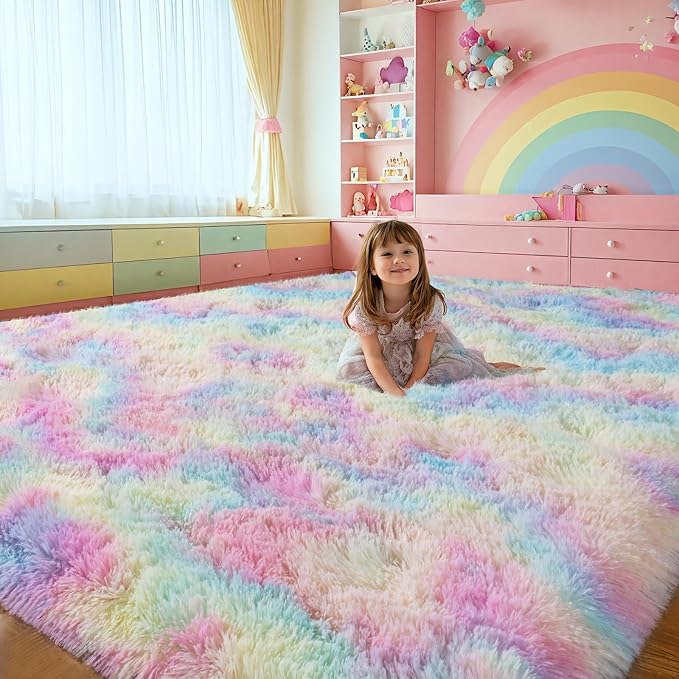 qulint 9x12 Area Rug for Bedroom, Large Soft Shaggy Rugs for Living Room, Fluffy Plush Rainbow Rug, Modern Colorful Carpet for Nursery Kids Room Dorm Home Decor Aesthetic (9ft x 12ft, Rainbow)