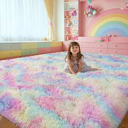 qulint 9x12 Area Rug for Bedroom, Large Soft Shaggy Rugs for Living Room, Fluffy Plush Rainbow Rug, Modern Colorful Carpet for Nursery Kids Room Dorm Home Decor Aesthetic (9ft x 12ft, Rainbow)