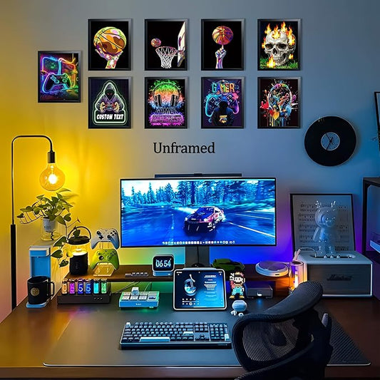 Neon Gamer and Basketball Wall Art Set of 9, Cool Gaming Headset Skull Controller Sports Canvas Prints, Colorful Graffiti Style Posters for Boys Teen Bedroom Game Room Wall Decor 8x10 Inch Unframed
