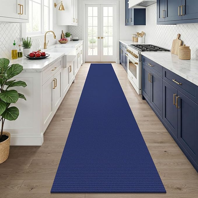 KOZYFLY Cotton 2.5'x14' Runners Rugs for Hallway, Long Washable Runner Rug, Woven Non Slip Kitchen Runner, Flatweave Entryway Rug, Floor Carpet for Entry, Aisle, Hall, Royal Blue/Navy