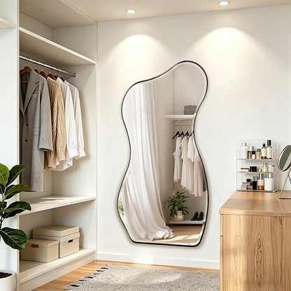 POZINO Irregular Beveled Mirror, 63"x32" Large Asymmetrical Wall Mirror with Metal Frame, Premium Organic Aesthetic Floor Mirrors for Living Room Cloakroom Hallway Entryway, Leaning/Wall-Mount