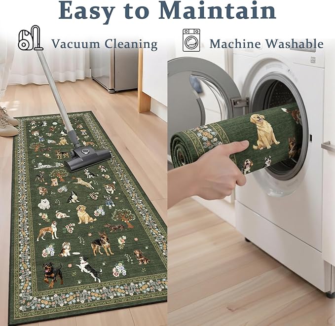Dog Rug Runner for Entryway, 2x5 Washable Kitchen Mat Ultra-Thin Soft, Non-Slip Indoor Door Carpet Stain Resistant Boho Small Low-Pile Throw for Bathroom Bedroom, Dark Green
