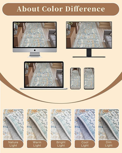 Madane Runner Rug 2x8, Washable Hallway Runner Rugs, Non-Slip Low-Pile Soft Kitchen Rug Runner Laundry Room Rug, Vintage Throw Entry Foyer Mat for Entrance Living Room (Blue/Gold, 2 x 8)