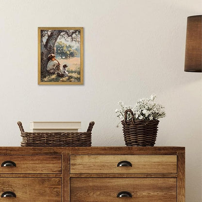 Wood Framed Canvas Wall Art, Vintage Boy and Dog Painting Poster, Countryside Pastoral Landscape Print Picture, Rustic Farmhouse Wall Decor for Living Room Bedroom Nursery 8x10 inch