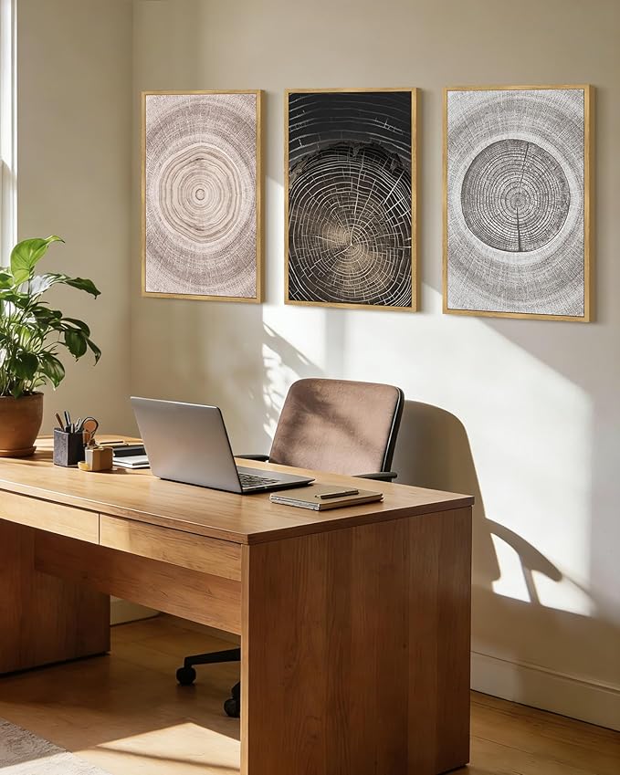PHOPAGO Vintage Tree Rings Wood Framed Wall Art Large 16x24in Modern Retro Wood Stump Wall Decor Nature Farmhouse Rustic Art Prints Living Room Bedroom Home Decor - Natural Framed