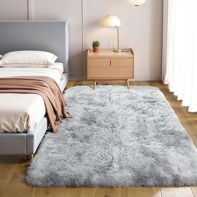 KICHOWUA Thick Area Rug 5x7 Light Grey Fluffy Shag for Bedroom, Ultra Soft Plush Fuzzy Washable Thickened Non Slip Carpet, Cozy Furry Shaggy Rug for Living Room Kids Nursery Dorm Room, Tie-Dye Gray