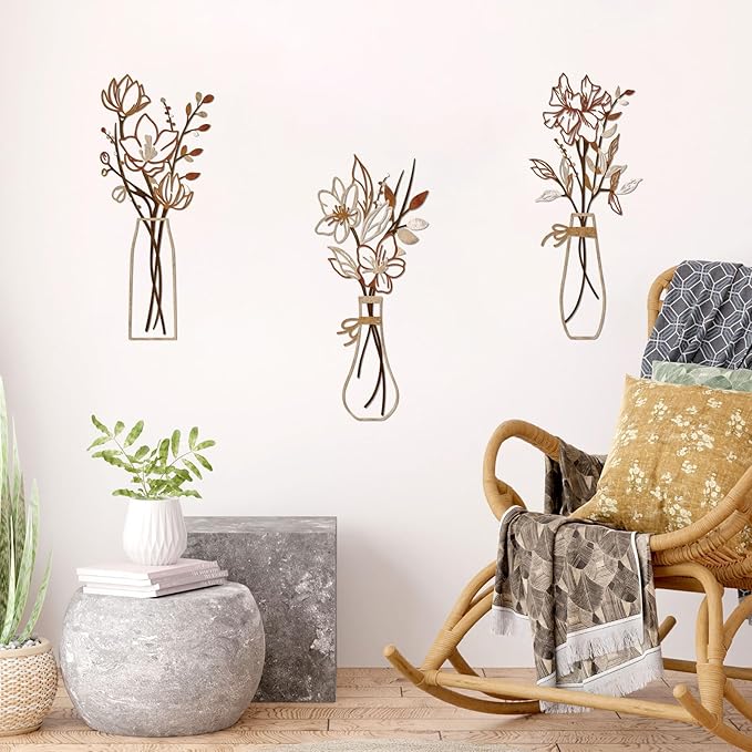 Zzbakress 3 Pcs Metal Flowers Wall Arts Rustic Farmhouse Decor Bathroom Wall Decor Metal Wall Decor for Living-room Dining-Room Kitchen Minimalist Decor Housewarming Gifts(Light Brown)