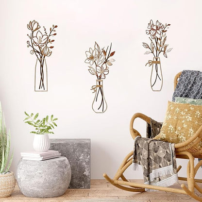 Zzbakress 3 Pcs Metal Flowers Wall Arts Rustic Farmhouse Decor Bathroom Wall Decor Metal Wall Decor for Living-room Dining-Room Kitchen Minimalist Decor Housewarming Gifts(Light Brown)