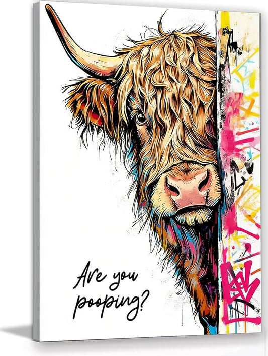 Funny Highland Cow Bathroom Wall Art, Are You Pooping? Graffiti Pop Art Canvas Prints, 16x24 Inch Framed Humorous Farmhouse Bathroom Decor, Colorful Cow Picture for Toilet Washroom Powder Room