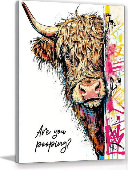 Funny Highland Cow Bathroom Wall Art, Are You Pooping? Graffiti Pop Art Canvas Print, 12x16 Inch Framed Humorous Farmhouse Bathroom Decor, Colorful Cow Picture for Washroom Toilet Powder Room
