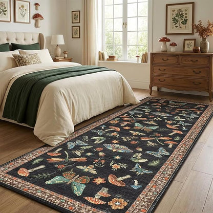 Mushroom 2x6 Runner Rug for Hallway Washable Kitchen Rugs Non Slip Low-Pile Whimsical Cottage Core Insect Bug Butterfly Funky Decor for Entryway Bathroom Bedroom Black Brown