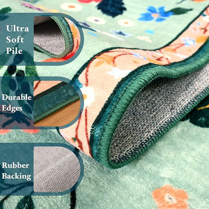 Macgace 2.5x8 Floral Runner Rug, Flowers Printed Washable Rugs with Non Slip Backing for Girls Bedroom Kitchen Hallway,Cute Carpet Runners Home Aesthetic Decor, Light Green