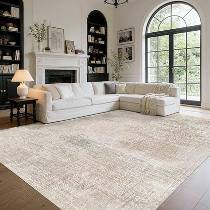 9x12 Area Rug for Living Room, Extra Large Washable Rug, Soft Neutral Abstract Rug for Bedroom, Office, Farmhouse, Low Pile Imitation Wool Non Slip Carpet Ideal for High-Traffic Areas, Beige Grey