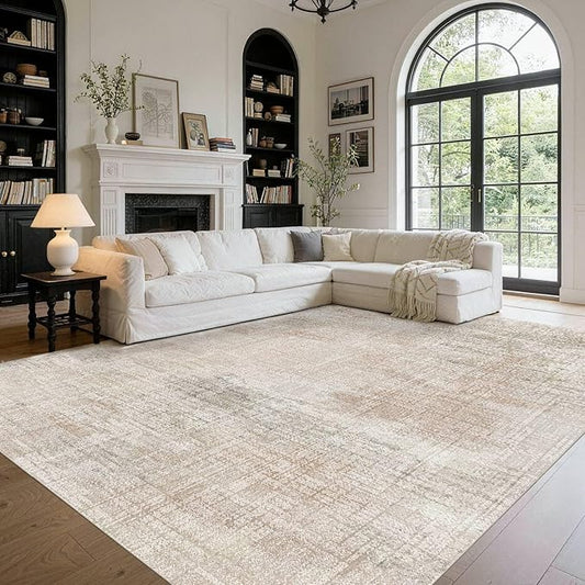 9x12 Area Rug for Living Room, Extra Large Washable Rug, Soft Neutral Abstract Rug for Bedroom, Office, Farmhouse, Low Pile Imitation Wool Non Slip Carpet Ideal for High-Traffic Areas, Beige Grey