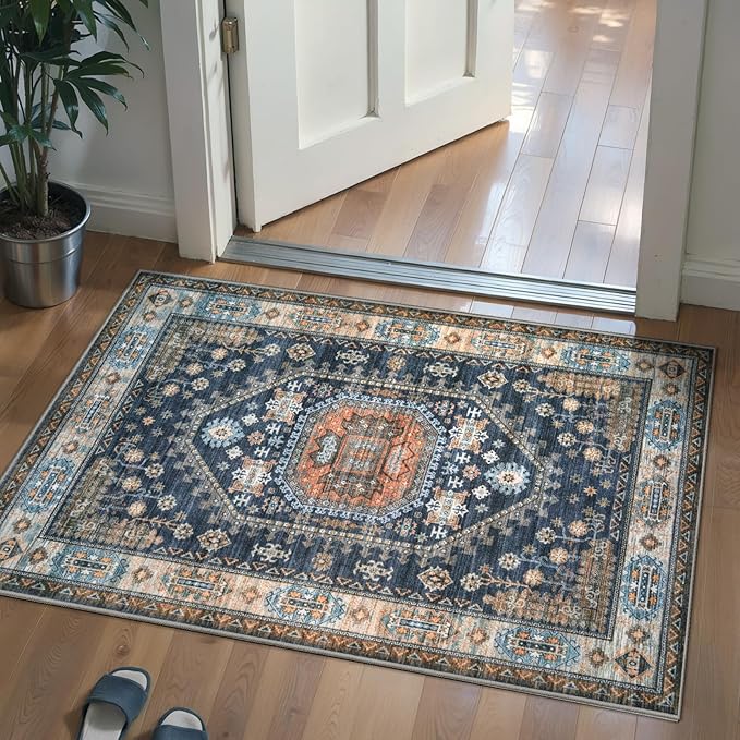 Tangsoo Vintage 2x3 Small Area Rug for Entryway,Washable Indoor Front Door Carpet Non-Slip Rubber Backing Throw Mat for Entry Porch Entrance Kitchen,Blue Orange Doormat