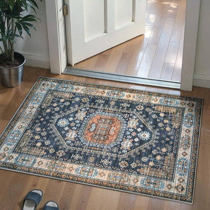 Tangsoo Vintage 2x3 Small Area Rug for Entryway,Washable Indoor Front Door Carpet Non-Slip Rubber Backing Throw Mat for Entry Porch Entrance Kitchen,Blue Orange Doormat