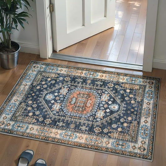 Tangsoo Vintage 2x3 Small Area Rug for Entryway,Washable Indoor Front Door Carpet Non-Slip Rubber Backing Throw Mat for Entry Porch Entrance Kitchen,Blue Orange Doormat