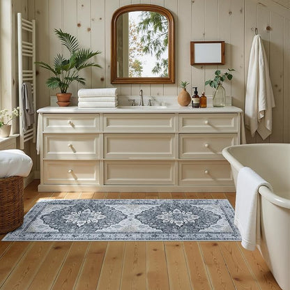 RELEANY Area Rugs 2'x6' Runner Rug Non Slip Washable for Kitchen Hallway Bedroom Beside Laundry Room Bathroom Rug, Floor Carpet, Light Gray Grey White