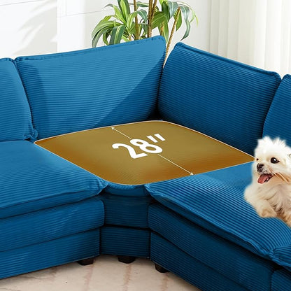ROWHY 113'' Modular Sectional Cloud Couch, 5 Seater Corner Sofa Big Comfy Corduroy Oversized L Shaped Couch with 2 Pillows, Chaise, Ottoman, Deep Seat Sectional Couches for Living Room Office, Blue