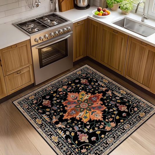 RELEANY Area Rugs Square 4ft Washable Non-Slip, Floral Vintage Distress Print Pattern Medallion Carpet for Living Room Bedroom Dining Room, Black Colorful Floral Dark Tan