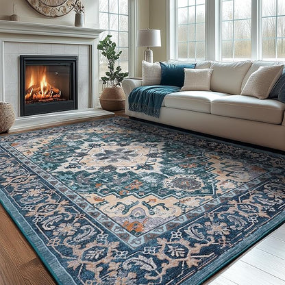 Lessymo Area Rug 5x7, Machine Washable Area Rugs, Super Soft Faux-Wool Area Rugs for Living Room Bedroom Kitchen, Boho Vintage Floral, Non-Slip Low Pile, Kid & Pet Friendly, Dark Green