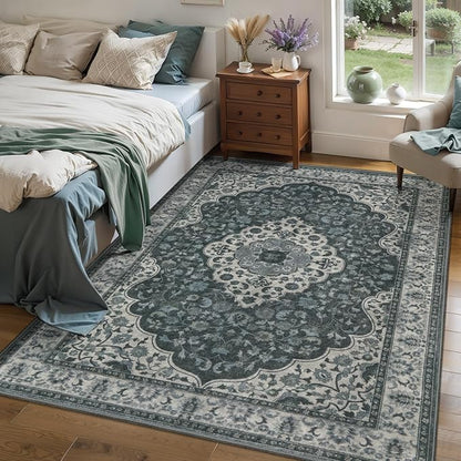 Tangsoo Vintage 3x5 Rug for Bedroom,Non-Slip Soft Low Pile Grey Green Indoor Area Rug,Washable Boho Carpet for Front Porch Living Room Patio Entryway