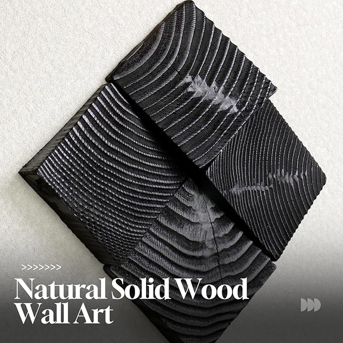 3D Wood Textured Framed Black and White Wall Art Set, Modern Neutral Abstract Geometric Paintings Artwork for Walls, Minimalist Black Wooden Pictures Wall Decor for Living Room Hallway Dining Bedroom
